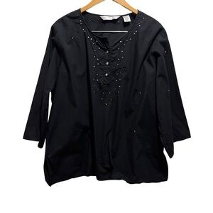 ALC Woman Black 1/4 Button Down 3/4 Sleeve Pullover Lightweight 100% Cotton